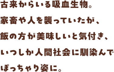 古来からいる吸血生物。家畜や人を襲っていたが、飯の方が美味しいと気付き、いつしか人間社会に馴染んでぽっちゃり姿に。